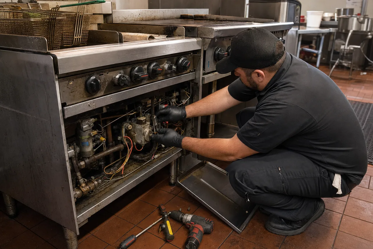 Technician servicing a commercial fryer and range line