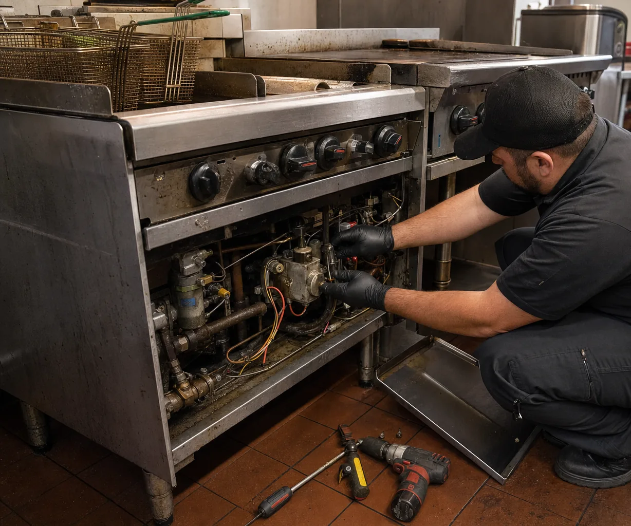 Technician servicing a commercial fryer and range line up close
