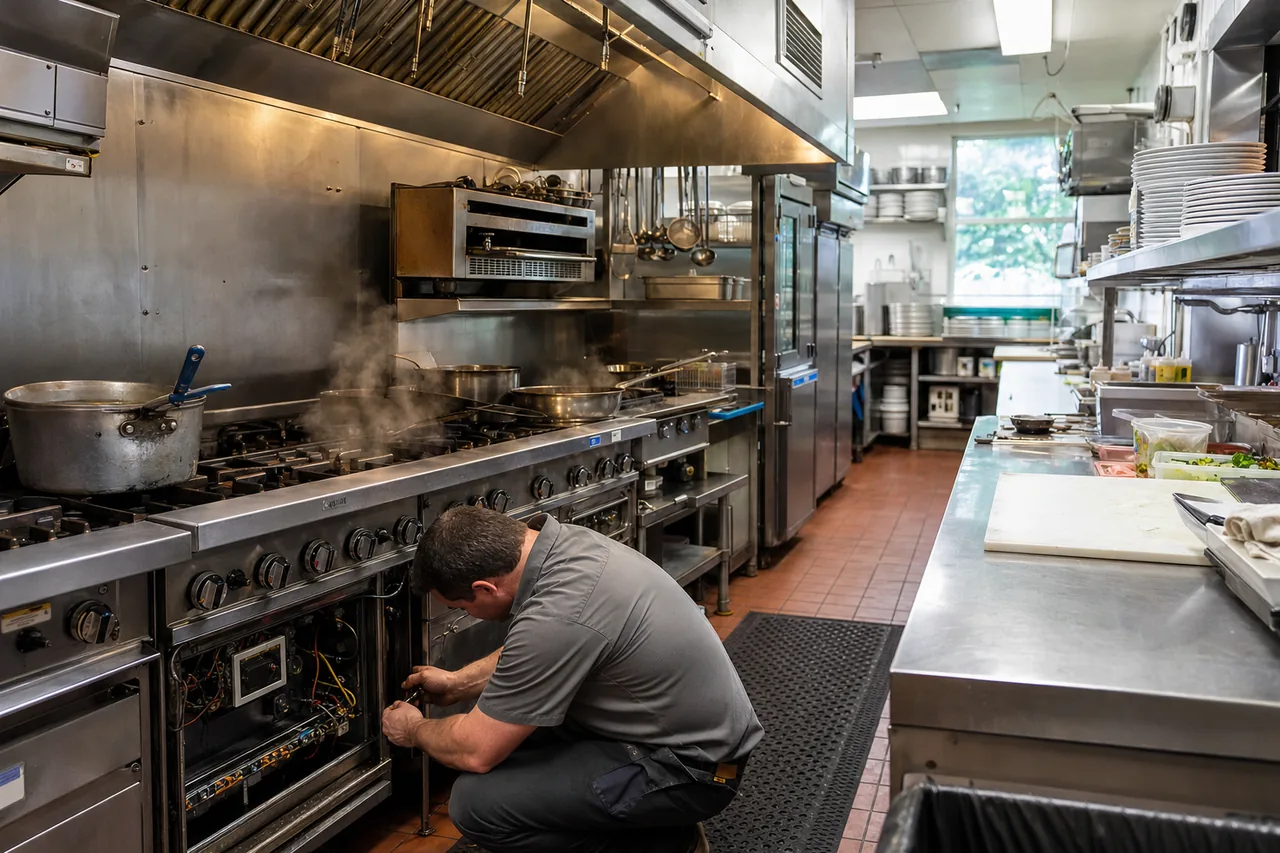 A stainless commercial kitchen line mid-repair