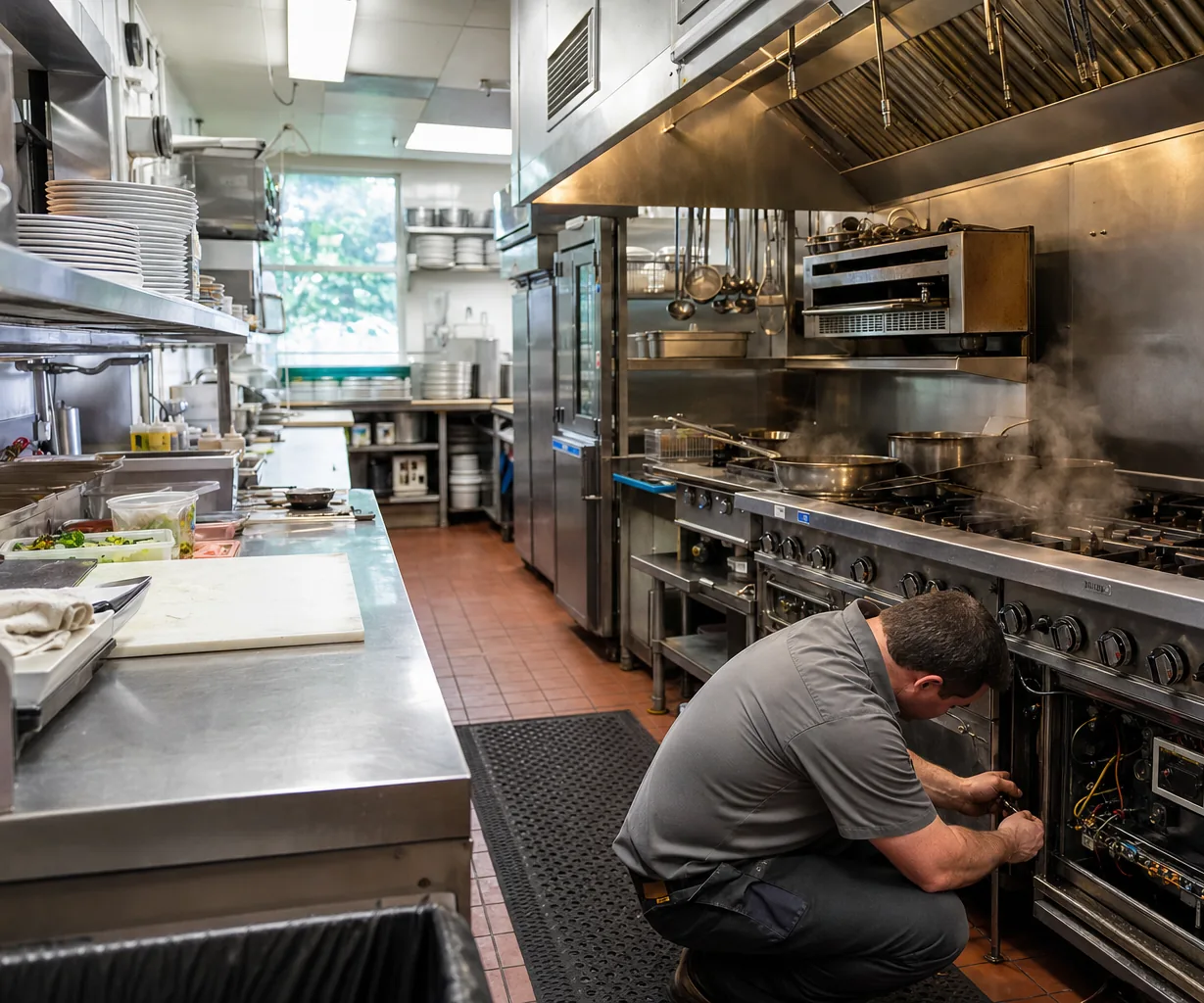 A stainless commercial kitchen line on a same-day call