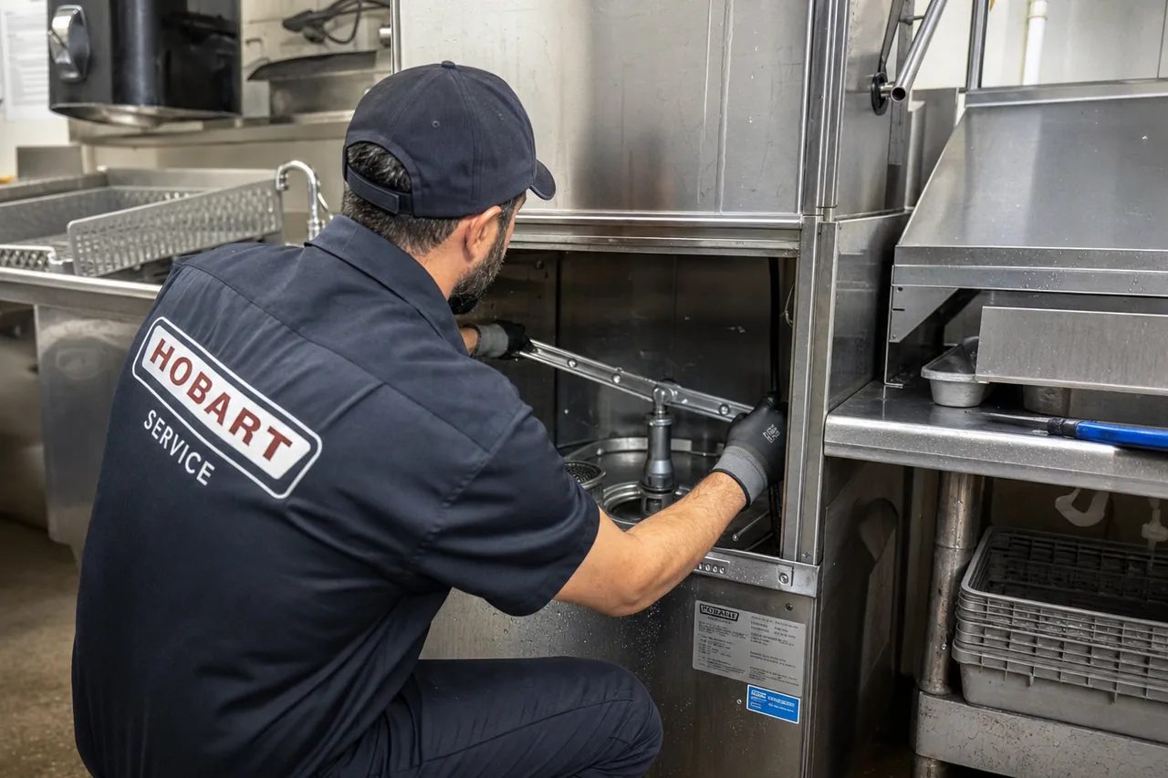 Technician servicing a commercial dish machine mid-repair