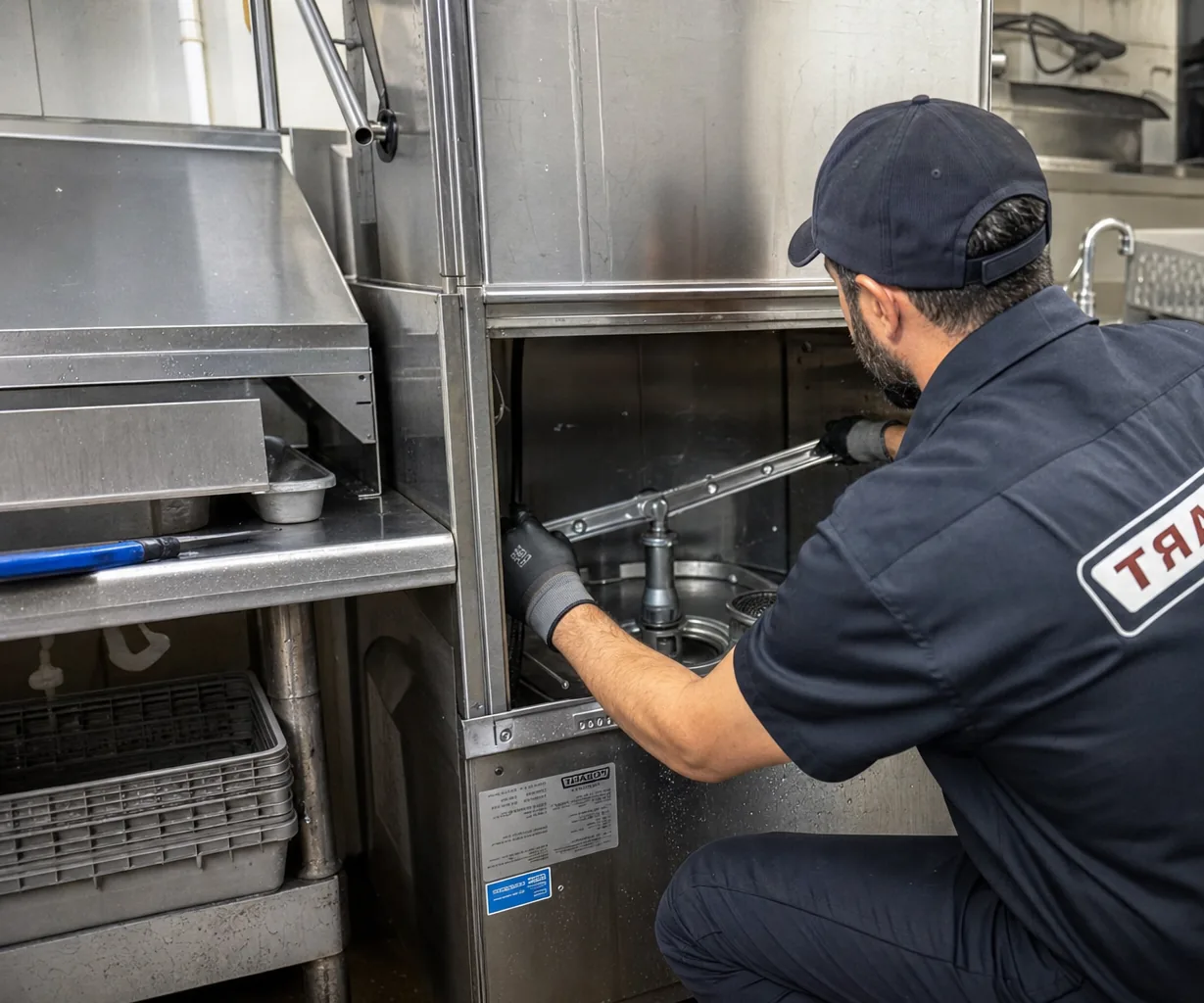 Technician servicing a commercial dish machine mid-repair