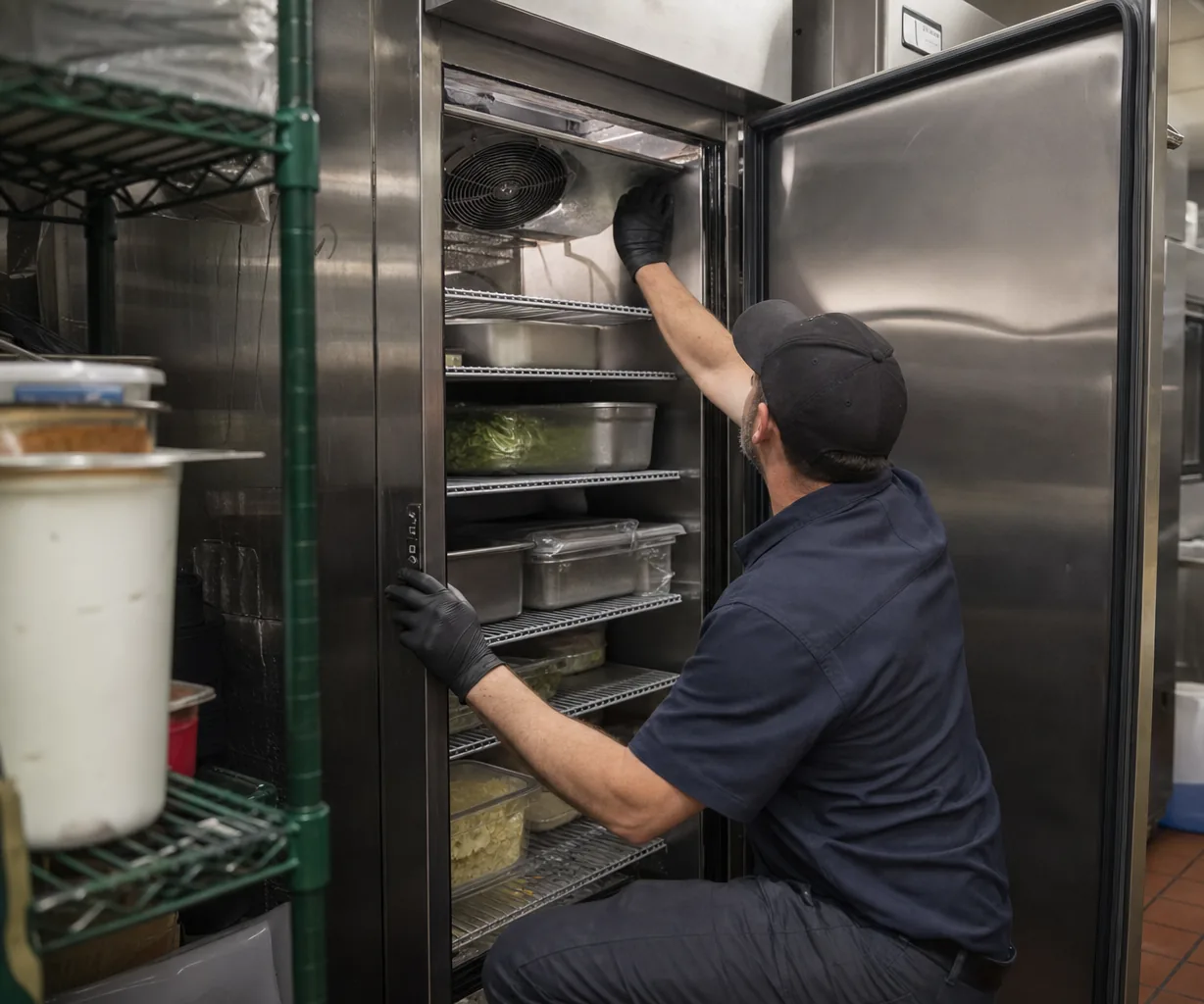 Technician servicing a commercial reach-in refrigerator up close