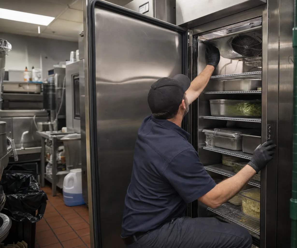 Technician servicing a commercial reach-in refrigerator in a Yonkers kitchen