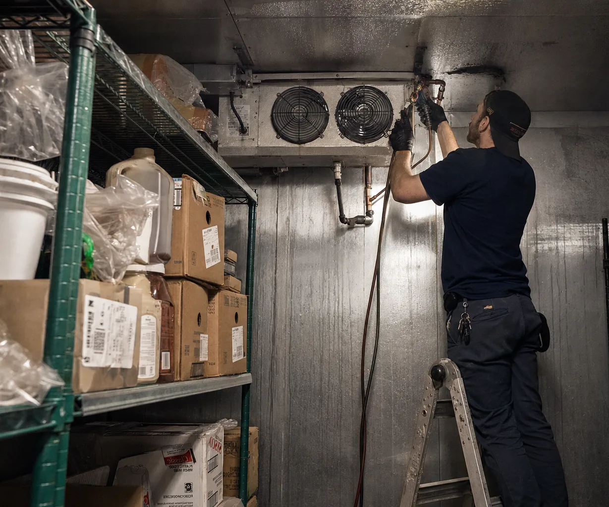 Technician servicing a walk-in cooler on a same-day call